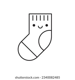 Cute smiling warm sock cartoon character emoji character line icon. Coloring book for children. Vector illustration in outline style.