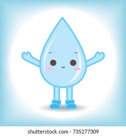 Cute smiling water drop stand on white background with blue frame.