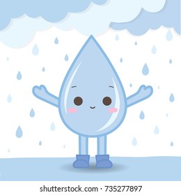 Cute smiling water drop stand under the rain.