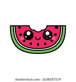 Cute Smiling Watermelon Slice with Bite Mark. Kawaii Fruit Cartoon Illustration.