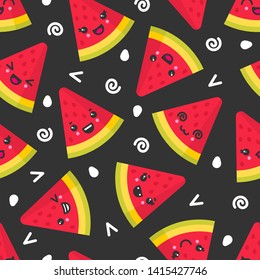 Cute smiling watermelon, vector seamless pattern on dark background. Best for textile, backdrop, wrapping paper