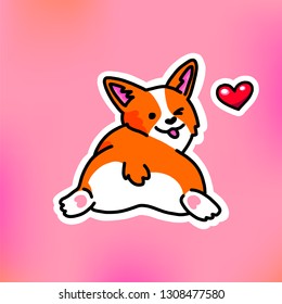 Cute smiling welsh corgi dog vector cartoon illustration isolated on pink background. Funny corgi butt. Cool trendy sticker. Design element for Valentine's day.