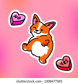 Cute smiling welsh corgi dog vector cartoon illustration isolated on pink background. Funny corgi butt. Cool stickers, pins and signs isolated on pink background. Design element for Valentine's day.