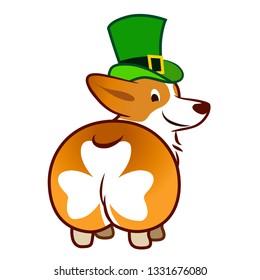 Cute smiling welsh corgi dog in green leprechaun top hat vector cartoon illustration isolated on white background. Funny shamrock clover corgi butt design element for St. Patrick's Day theme. 