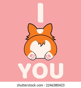 Cute smiling welsh corgi dog vector cartoon illustration isolated on pink background. Funny "I love you" heart corgi butt design element for Valentine's day theme.