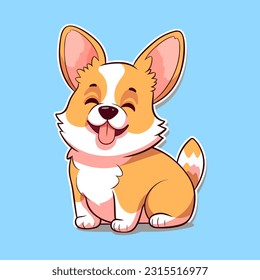 Cute smiling welsh corgi dog vector cartoon flat style  illustration isolated sticker on blue background. Element for your card, design, print, chat, sticker etc.