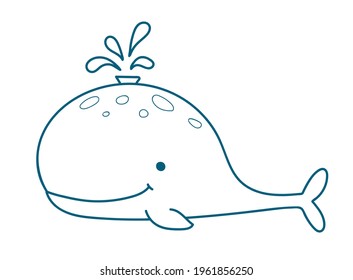 Cute smiling whale lets out a fountain of spray. Vector hand drawn outline  illustration in cartoon style. Character for print, sticker, coloring page, logo and other designs.