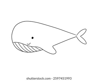 Cute smiling whale, line sea animal doodle illustration for children. Vector nautical drawing for coloring book