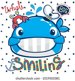 Cute smiling whale wearing captain hat with little crab on polka dot background illustration vector.