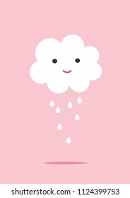 Cute Smiling White Cloud and Big Raindrops Isolated on a Pink Background. Simple Baby Shower Vector Illustration. Lovely Decoration for Baby Girl. Cute Nursery Art.