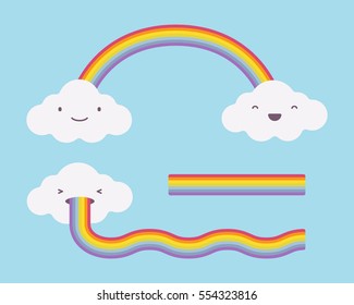 Cute smiling white clouds on the light blue sky, rainbow in arch shape, curved and flat, good temperature, weather report, financial stability, positive news, funny faces