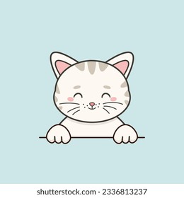 Cute smiling white kitten in cartoon style. Vector flat illustration