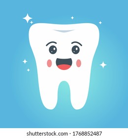 Cute smiling white tooth.Emoji character.Design concept for a dental clinic. Healthy, shiny tooth.Vector flat illustration.Teeth dentistry.