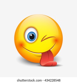 Cute smiling and winking emoticon, sticking out his tongue  - vector illustration