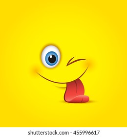 Cute smiling and winking emoticon, sticking out his tongue isolated on yellow background - vector illustration