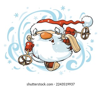 Cute smiling winter gnome in red hat skiing