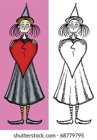 Cute smiling witch with broken heart. Colored and black and white versions on different layers.