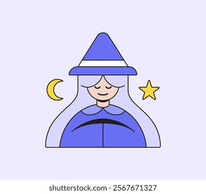 Cute smiling witch with a star and crescent moon in soft background or children’s illustrations or Halloween themed designs cartoon hand drawn vector