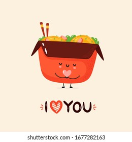 Cute smiling wok holding heart in hands. Vector hand drawn character illustration. Kawaii post card with "I love you" lettering.