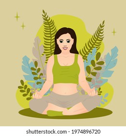 Cute smiling woman is engaged in meditation in the lotus pose on backround with tropical leaves. Vector illustration.
