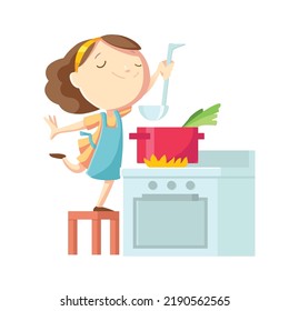 Cute smiling woman is preparing food at the stove. Vector housewife illustration in cartoon style