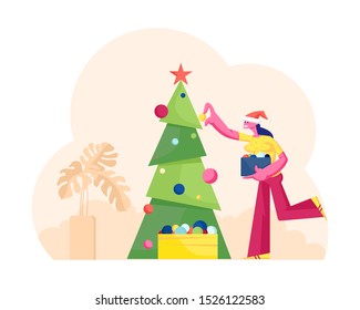 Cute Smiling Woman in Santa Claus Hat Holding Box with Baubles Decorating Christmas Tree Balls and Garlands. Happy Girl Preparing for Holiday Celebration at Home. Cartoon Flat Vector Illustration