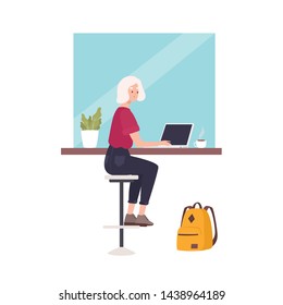 Cute smiling woman sitting at cafe and working on laptop computer. Funny young professional or female freelance worker at coffee shop. Busy girl. Flat modern cartoon colorful vector illustration.