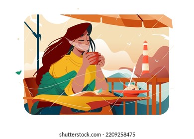 Cute smiling woman in warm clothes enjoying coffee at cafe vector illustration. Elegant female drinking coffee at cafe terrace. Leisure time flat concept