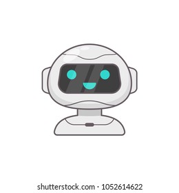 Cute smiling working chat bot. Chat bot robot icon. Futuristic machine character. Virtual chat help program. Isolated on white background. 
