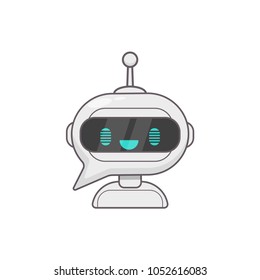 Cute smiling working chat bot. Chat bot robot icon. Futuristic machine character. Virtual chat help program. Vector flat line style icon design. Isolated on white background. 