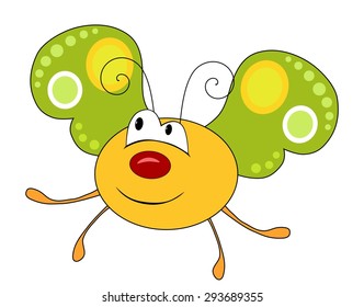 Cute smiling yellow butterfly isolated on white background