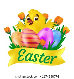 Cute smiling yellow chick hugging painted eggs on the grass with orange tulips and Easter ribbon. Vector illustration isolated on white background. Can be used for greeting card design or web banner