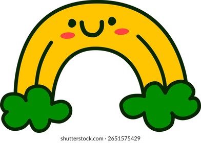 Cute Smiling Yellow Rainbow Cartoon Character Illustration with Green Clouds