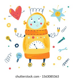 Cute smiling yellow robot in cartoon style. Isolated hand drawn vector robot and tools in a white background. Kids illustration. Retro machine.