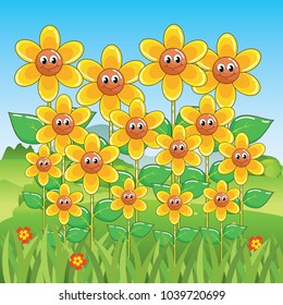 Cute Smiling Yellow Sun Flower Cartoon Background Vector Illustration