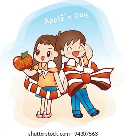 Cute Smiling Young Boy and Lovely Girl with Sweet Red Apple - Dating Happy Little Couple with vintage ribbon