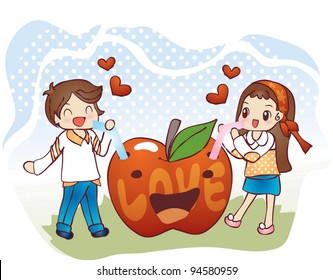 Cute Smiling Young Boy and Lovely Girl with Funny Red Apple on blue background - drinking sweet apple juice with happy little couple