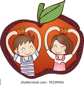 Cute Smiling Young Boy and Lovely Girl with Sweet Red Apple isolated on white background