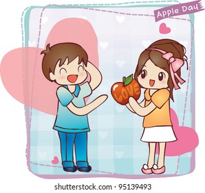 Cute Smiling Young Boy and Lovely Girl with Sweet Red Apple on a background of blue pattern and pink heart symbol