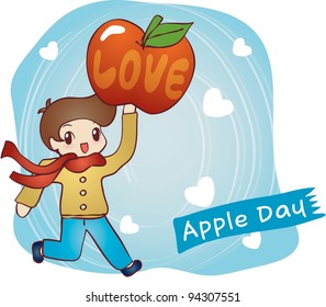 Cute Smiling Young Boy and Sweet Red Apple on blue background - running lovely happy child with a ripe juicy fruit