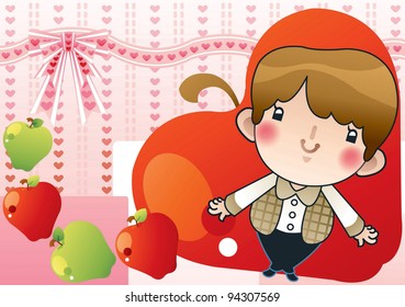 Cute Smiling Young Boy with Sweet Red Apples on a background of romantic pink wallpaper