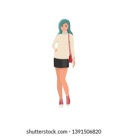 Cute smiling young girl with green hairs and short skirt