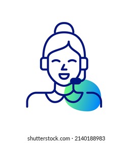 Cute smiling young girl with a headset working at customer support. Pixel perfect, editable stroke, color icon