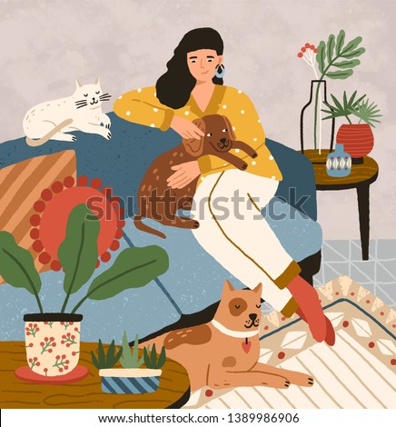 Cute smiling young girl sitting on comfy sofa with dogs and cat. Adorable woman spending time at home with her domestic animals. Portrait of happy pet owner. Flat cartoon vector illustration.