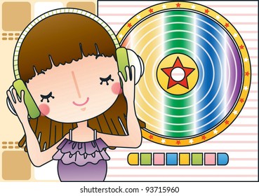 Cute Smiling Young Girl with Sweet Melody on background of cute record player
