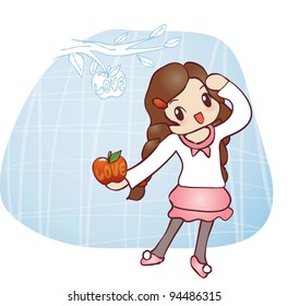 Cute Smiling Young Girl with Sweet Red Apple on blue background