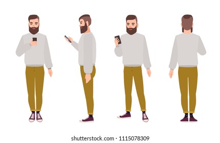 Cute smiling young hipster man with beard dressed in trendy clothes and holding smartphone. Flat male cartoon character isolated on white background. Front, side and back views. Vector illustration.