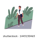 Cute smiling young man going to work. Happy male character walking on city street. Morning activity of clerk or office worker. Start of day. Colorful vector illustration in flat cartoon style.