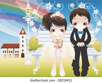 Cute and Smiling Young Married Couple with bouquet of pink roses and white floral decoration on a park bench background with blue sky and beautiful rainbow