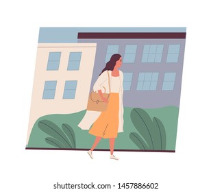 Cute smiling young woman going to work. Happy female character walking on city street. Morning activity of clerk or office worker. Start of day. Colorful vector illustration in flat cartoon style.